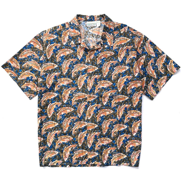 1992 Patagonia Mens Cotton A/C Print Shirt, Fish: Blue (L)
