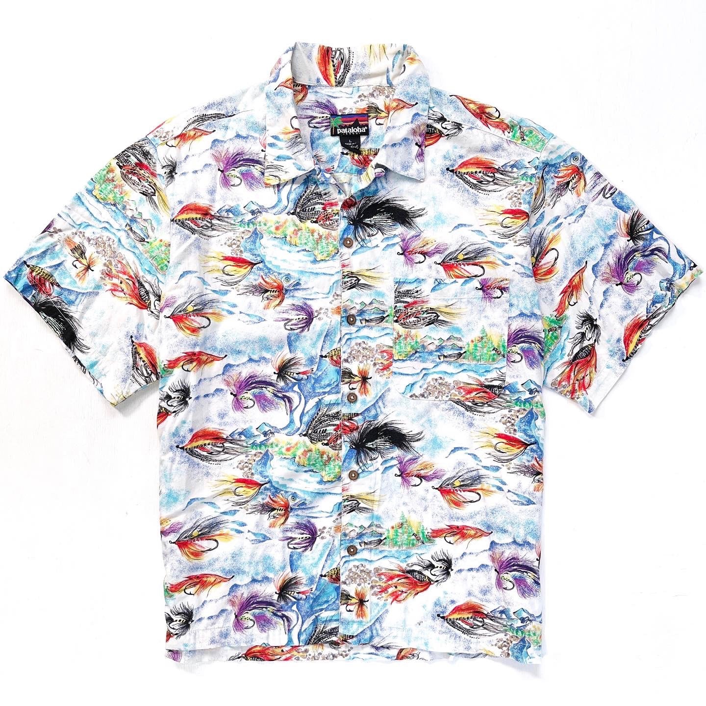 1993 Patagonia Mens Pataloha Print Shirt, Fly Fishing Print (L)