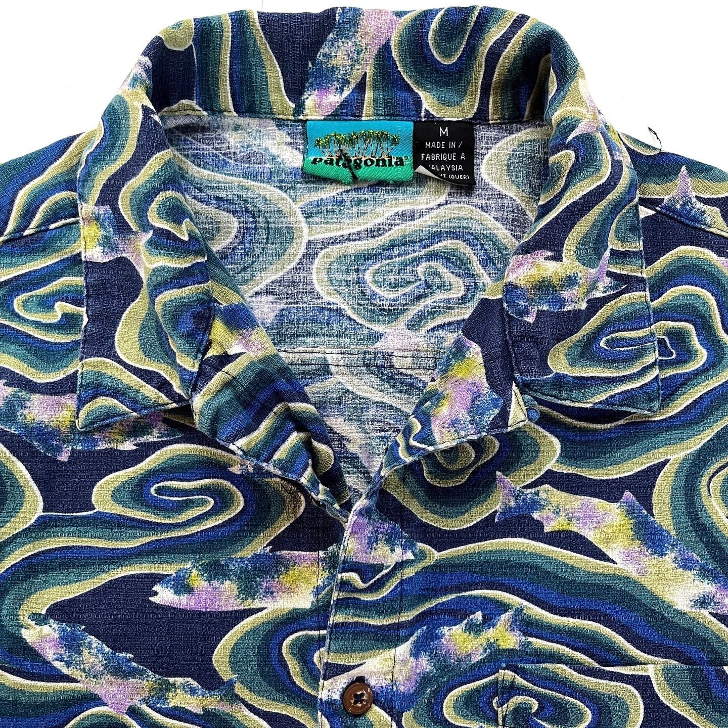 1994 Patagonia Mens A/C Cotton Print Shirt, Java Fish: Indigo (M)