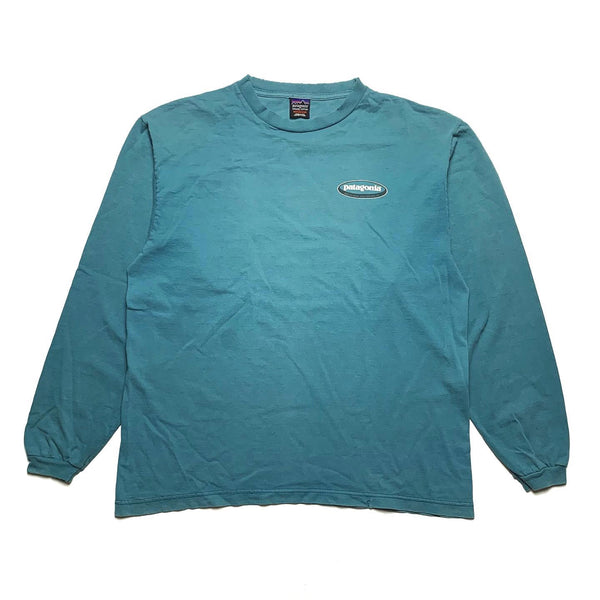 1990s Patagonia Organic Cotton L/S Oval Logo T-Shirt, Teal (M)
