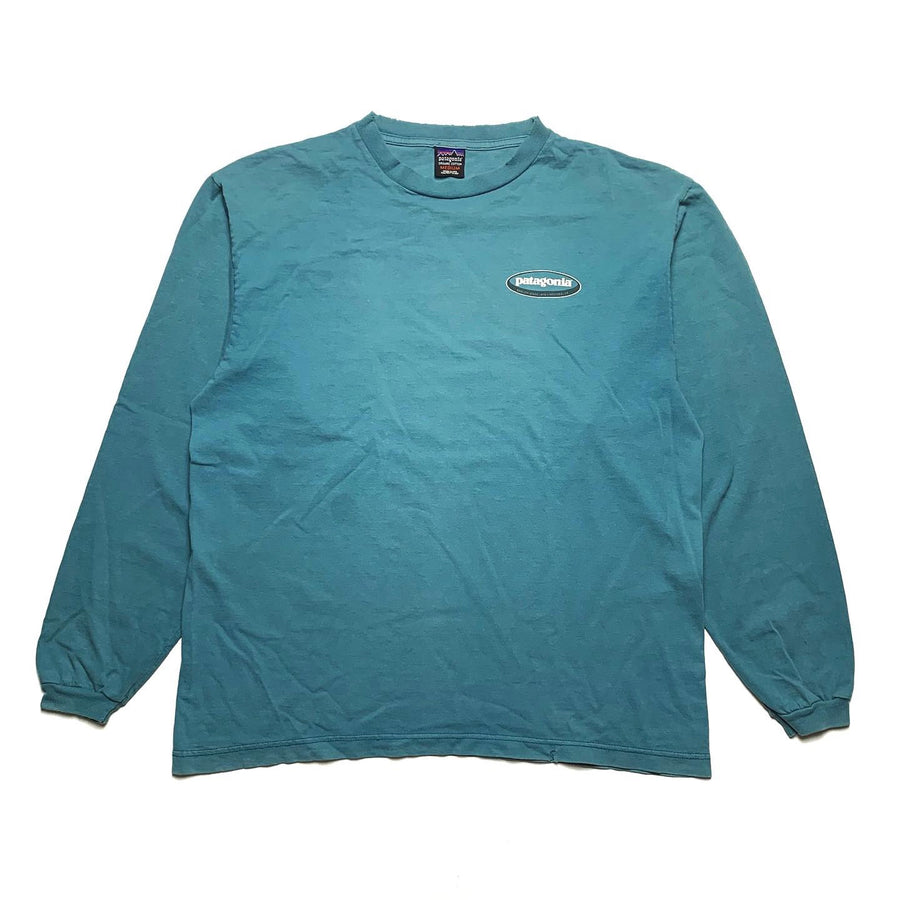 1990s Patagonia Organic Cotton L/S Oval Logo T-Shirt, Teal (M)