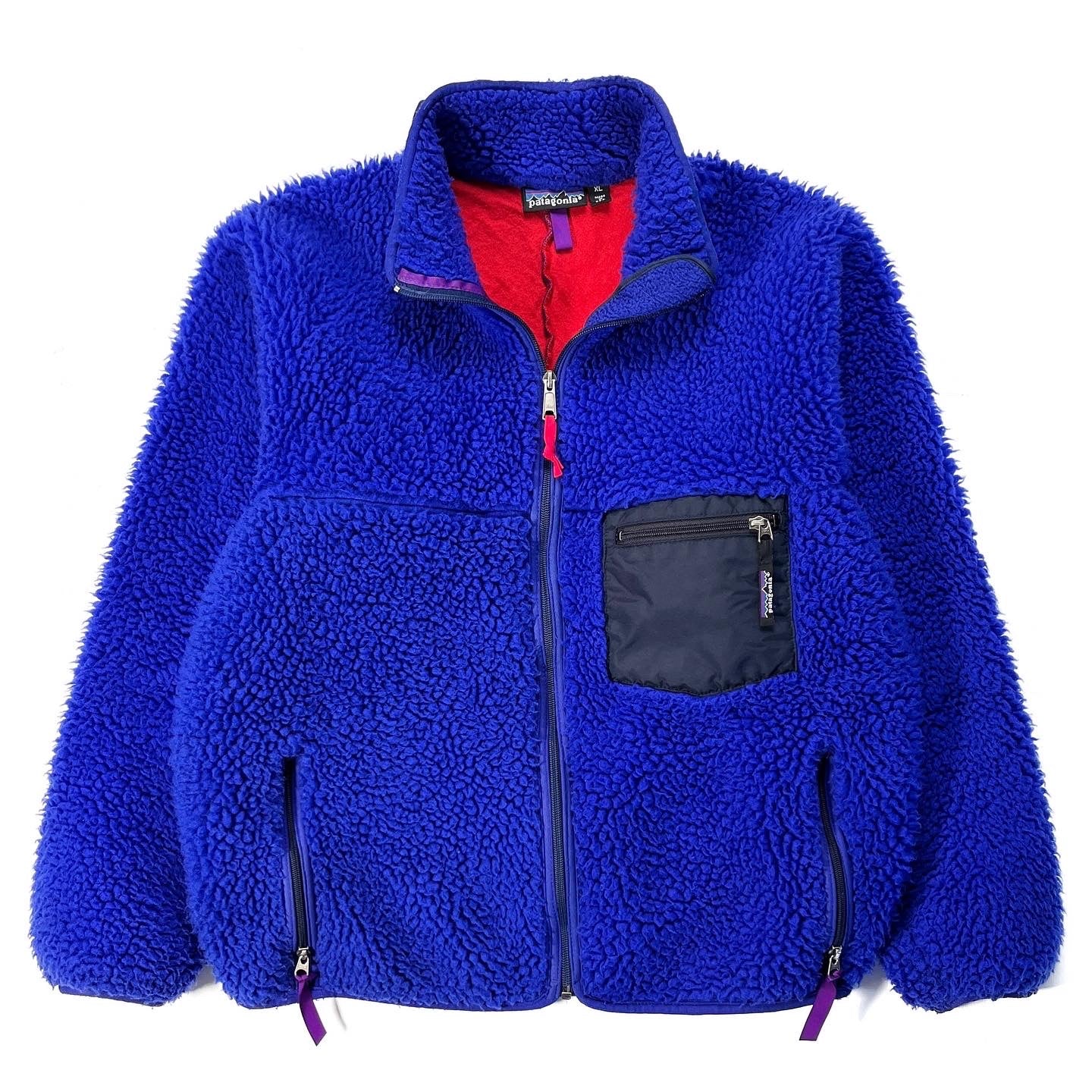 1990 Patagonia Retro Pile Cardigan, Cobalt & French Red (L)