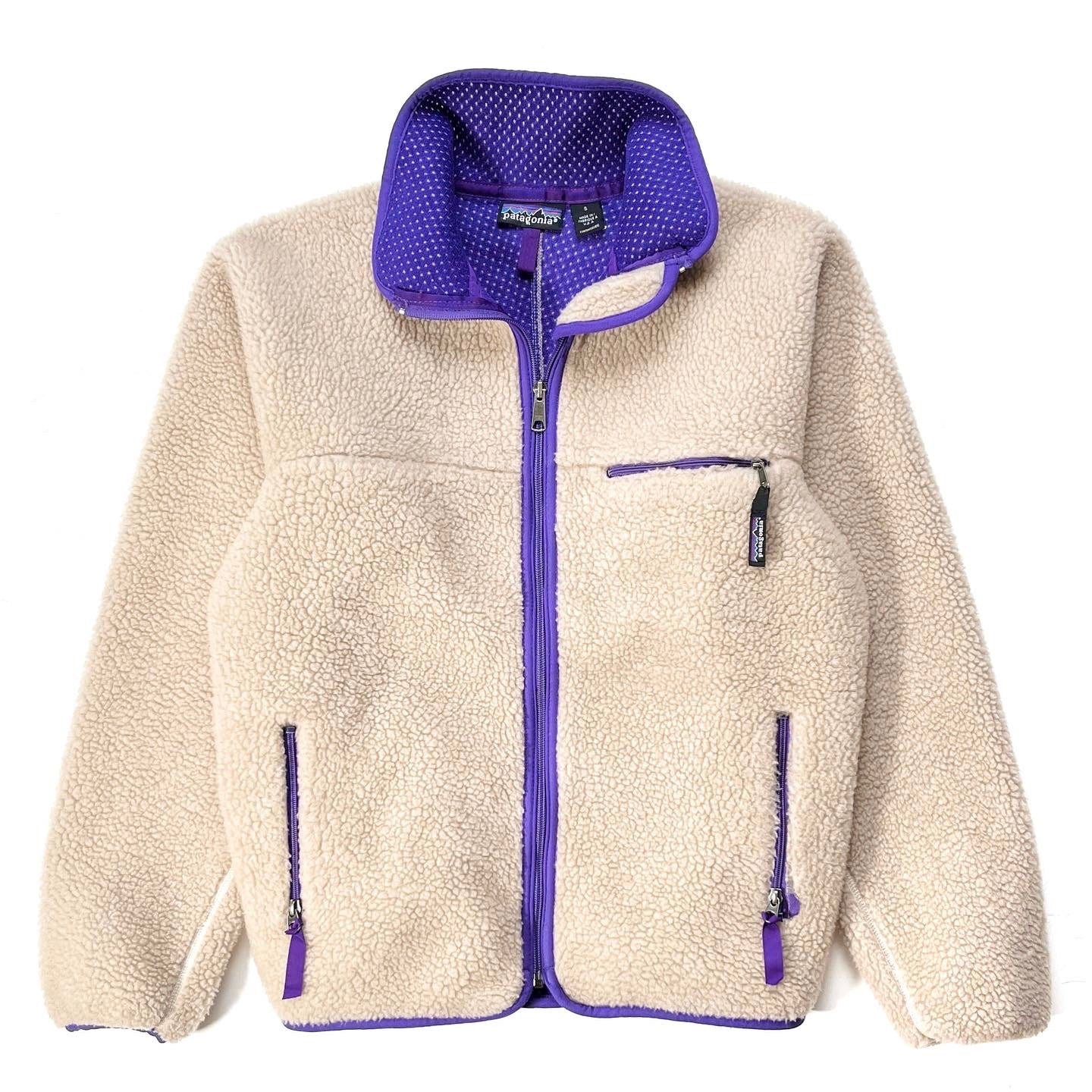 1993 Patagonia Retro Pile Cardigan, Natural & Purple (S)