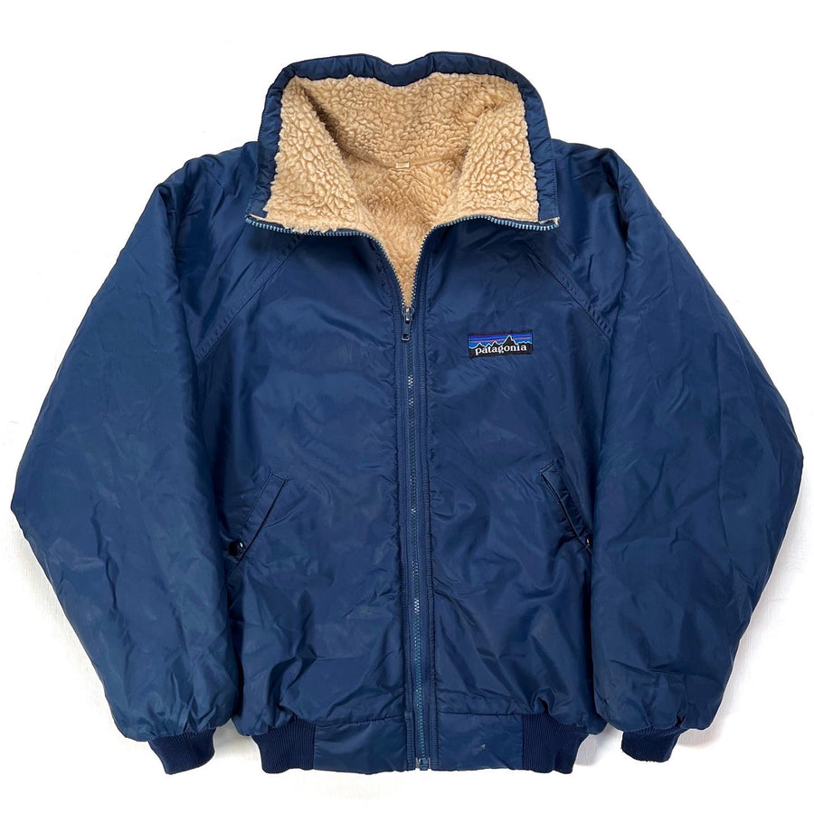 1970s Patagonia Nylon Shelled Pile Bomber Jacket, Navy & Tan (S)