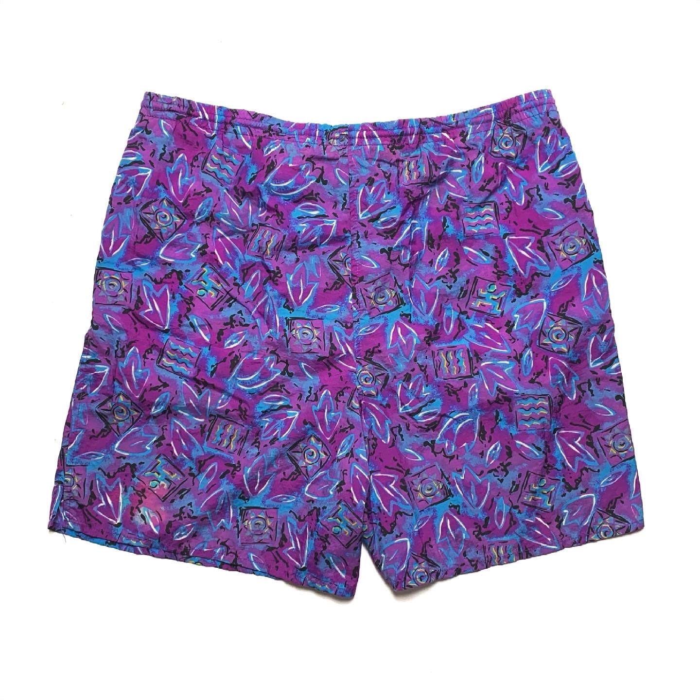 1980s Columbia Sportswear 5.5” Printed Nylon Shorts, Purple (L)