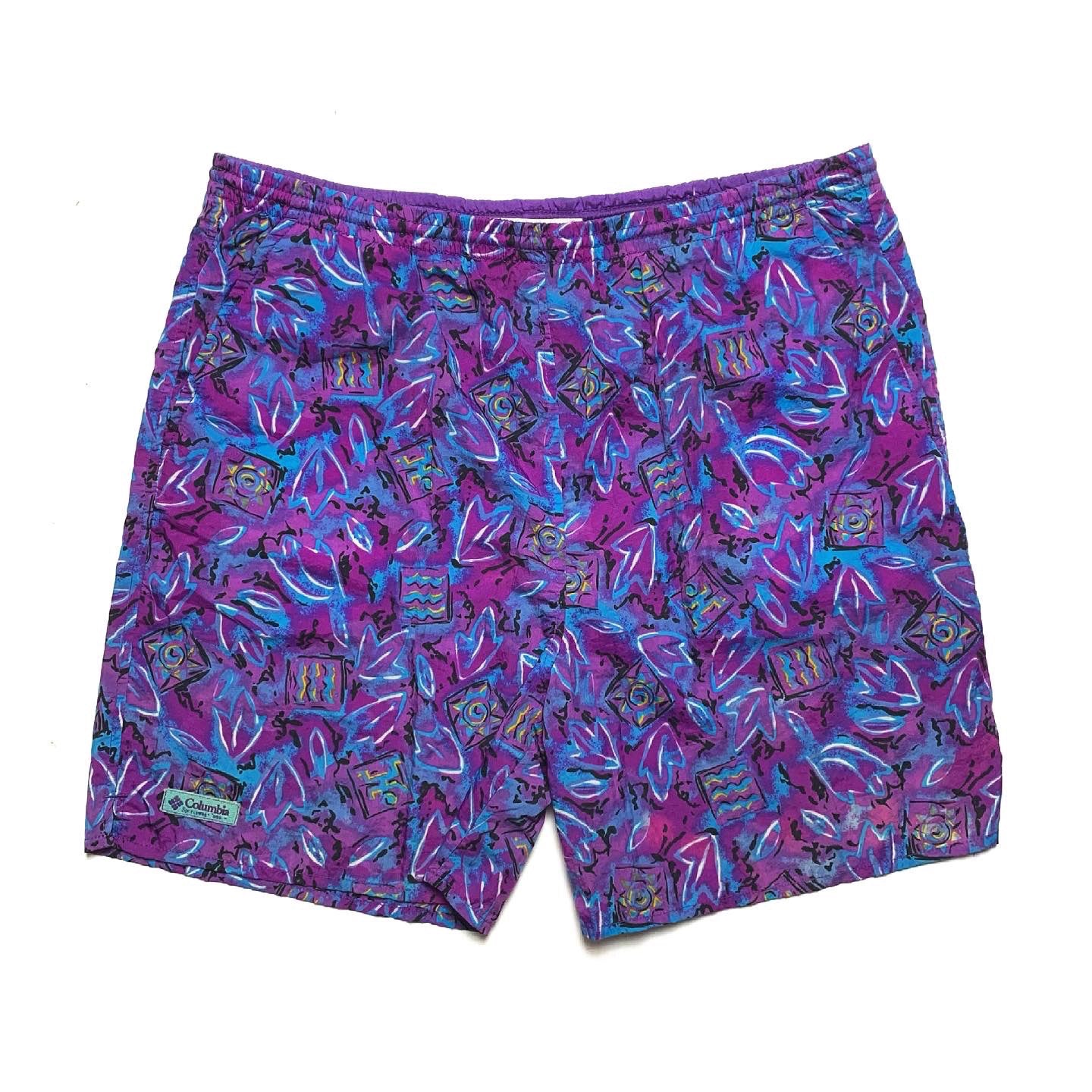1980s Columbia Sportswear 5.5” Printed Nylon Shorts, Purple (L)