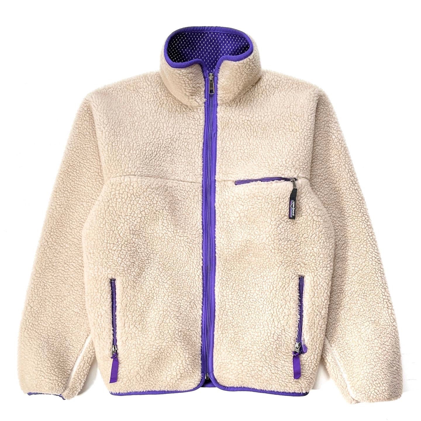 1993 Patagonia Retro Pile Cardigan, Natural & Purple (S)